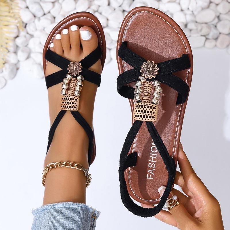 Shoes for Women  Hot Sale Elastic Band Women's Sandals Solid Denim Metal Decoration Beads Open Toe Low-heeled Casual Sandals