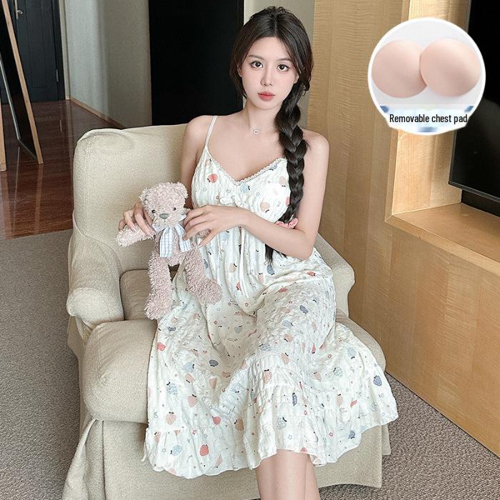 Летняя корейская ночная рубашка из тканого крепа с нагрудными подушечками - милая, тонкая, из чистого хлопка для женщин