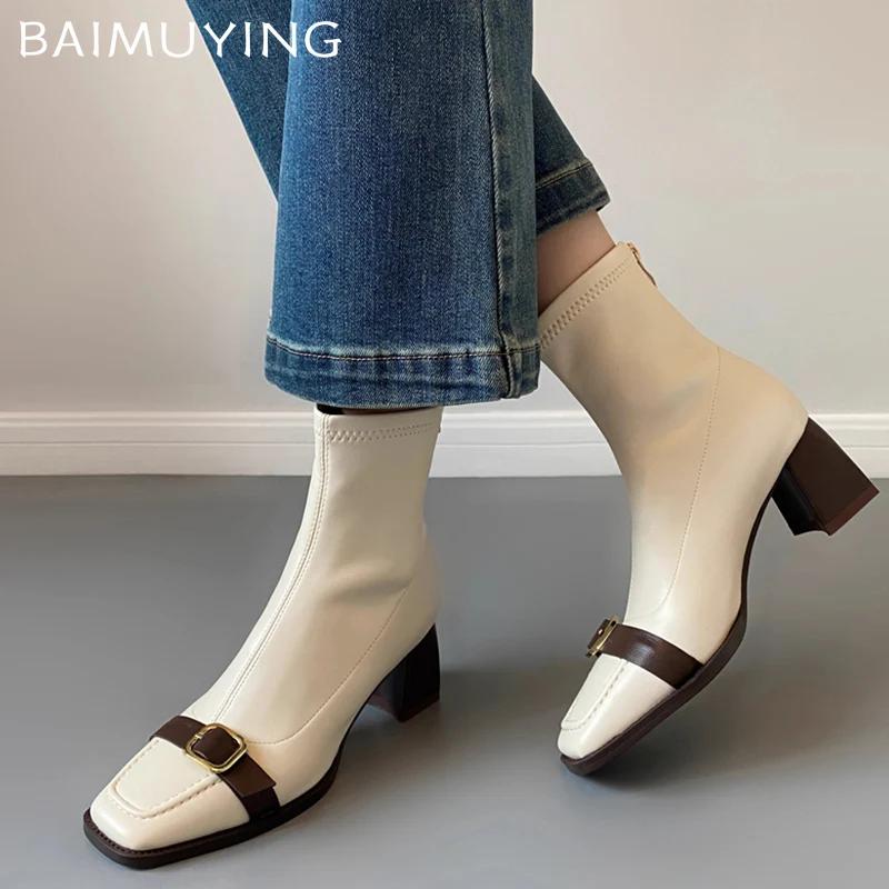 Leather Women Ankle Boots Square Toe Designer Buckle Mid Heels Shoes 2025 Trend Winter Fashion Chunky Pumps Goth Botas De Mujer