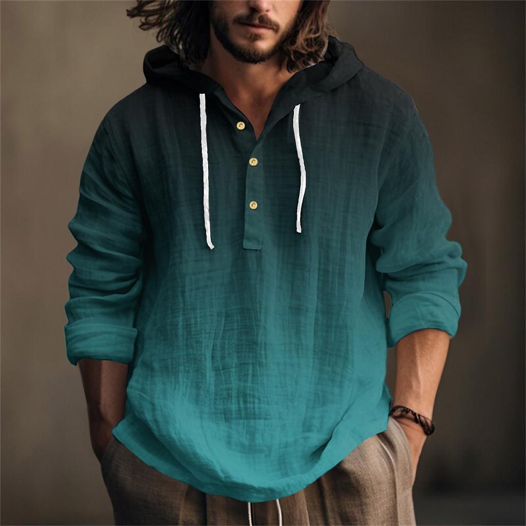 Printed Men's Cotton And Linen Shirt Hooded Long-sleeved Hooded Spring And Summer Casual Daily Wear