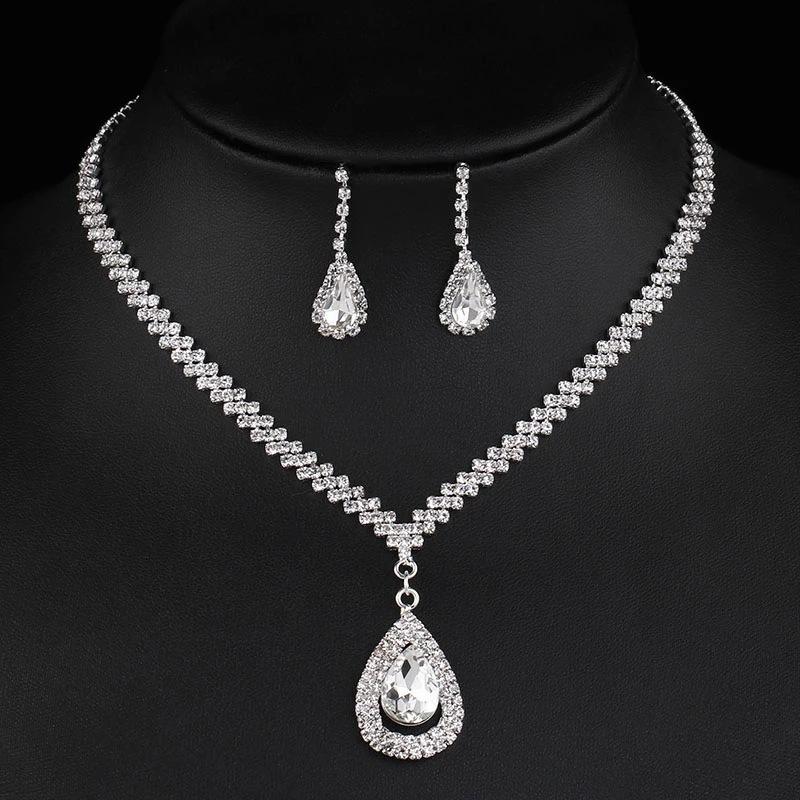 Fashion Zircon Water Drop Necklace and Earrings Set for Women Wedding Party Jewelry