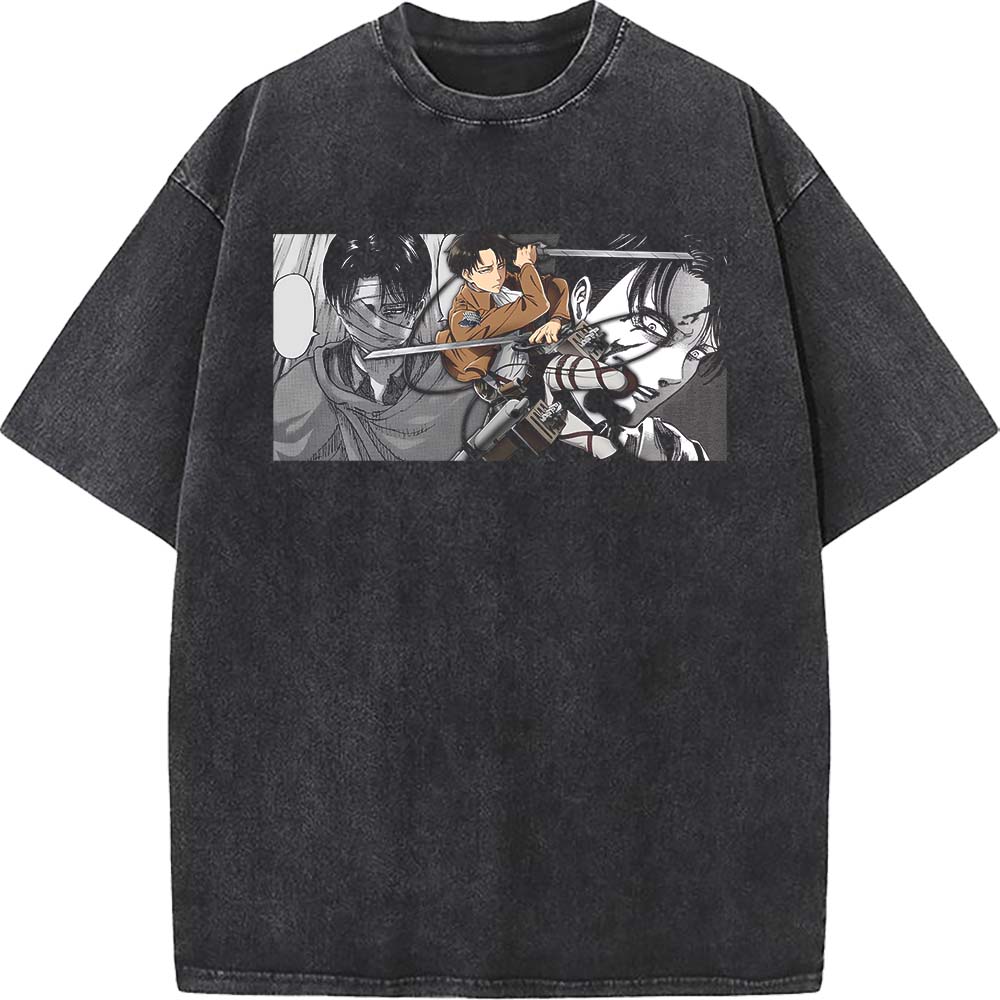 Anime Attack On Titan Levi Ackerman Graphic Tee Men Women Washed Cotton Tshirts Casual Manga T Shirt Harajuku Male Retro T-shirt
