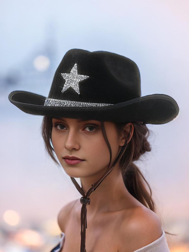 Ковбойская шляпа со стразами в виде звезды: Унисекс шляпа-федора с широкими полями для пляжных вечеринок