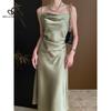 Французское легкое роскошное атласное платье с поясом, длинное платье, повседневное стильное вечернее клубное платье, коктейльное платье