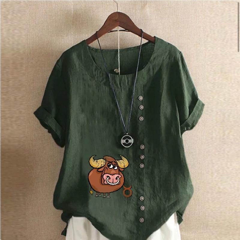 Women's Fashion Cattle Prined Round Neck Short Sleeve T-shirt Casual Cotton Linen Graphic Shirt Leisure Loose Summer Blouse Tops