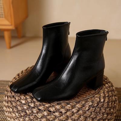 Женские черные повседневные сапоги на толстом каблуке среднего размера, женские сапоги осень-зима 2024 года с квадратным носком, застежкой-молнией сзади, увеличивающие голенище, короткие сапоги