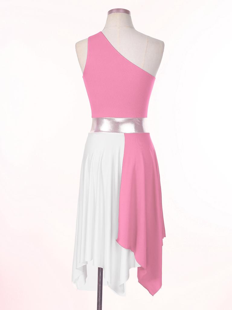 Женское танцевальное платье на одно плечо с цветными блоками, лоскутное платье без рукавов с асимметричным подолом, танцевальная одежда