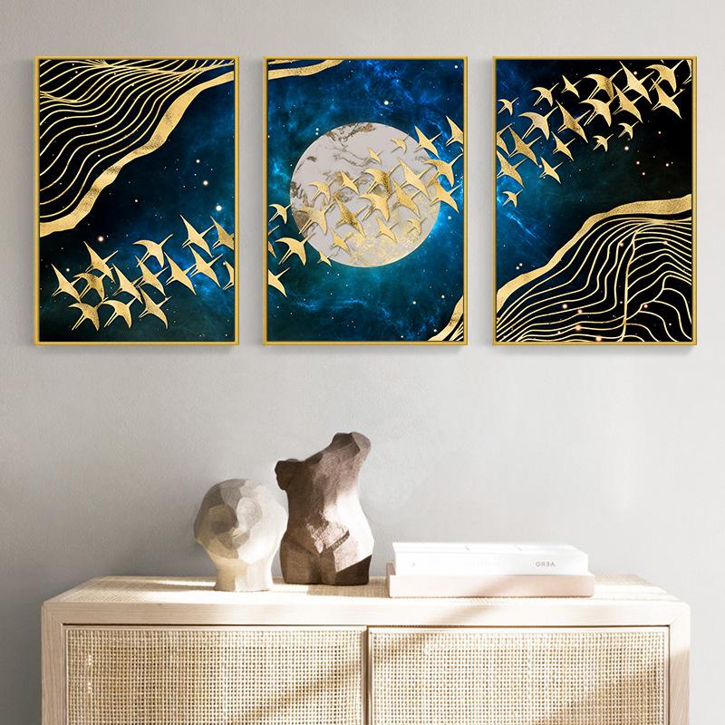 Креативная геометрия, тройная декоративная картина, золотая птица, используется для домов, гостиных, подвесных картин, фресок, картин в рамах