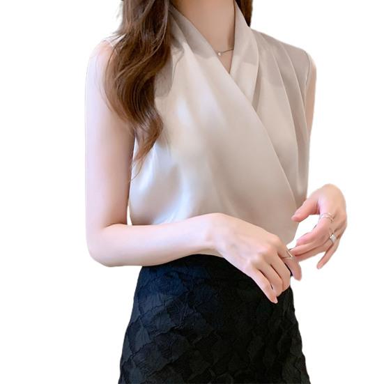 Рубашка с v-образным вырезом без рукавов, однотонный пуловер, топы, свободная атласная блузка с перекрестной оберткой