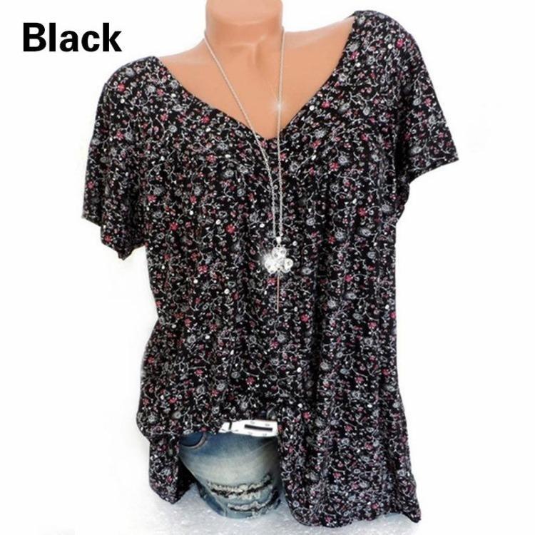 Summer Casual V Neck Printed T Shirt Loose Short Sleeve for Women Plus Size