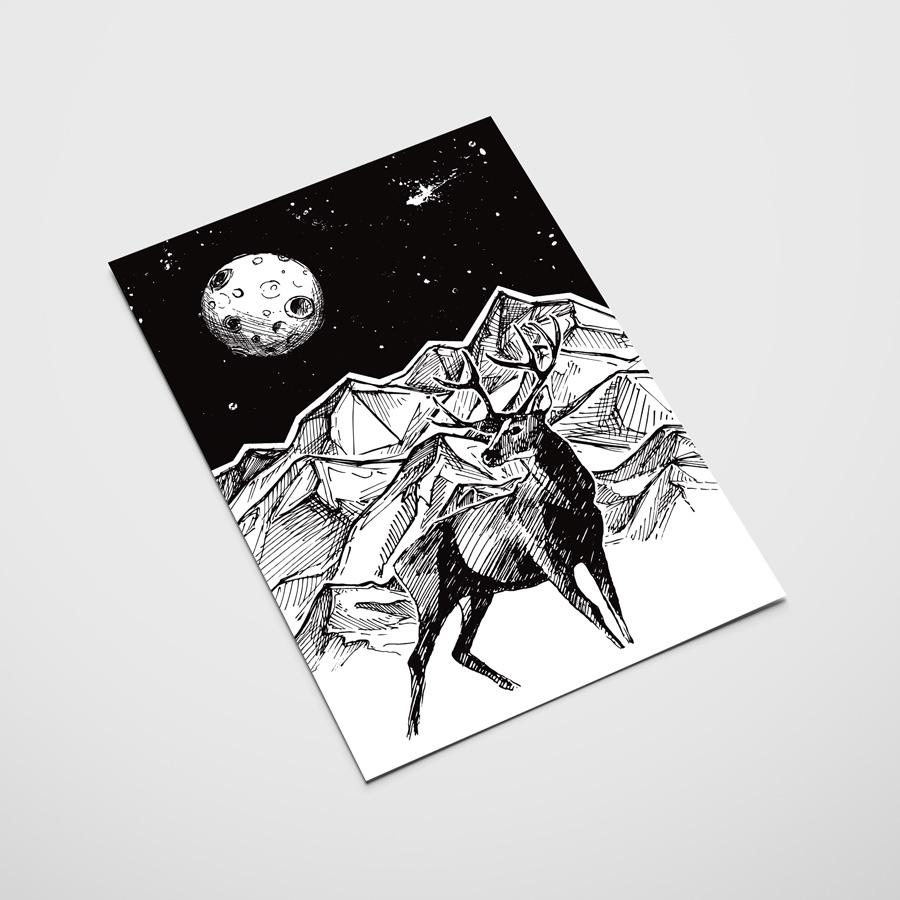 Плакат олень ночные горы иллюстрация