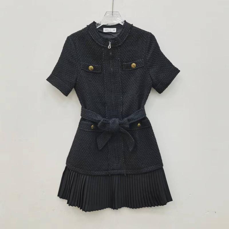 Платье из твида в европейском стиле с поясом и тонким трикотажем - круглый вырез в стиле ретро, коллекция Весна/Осень