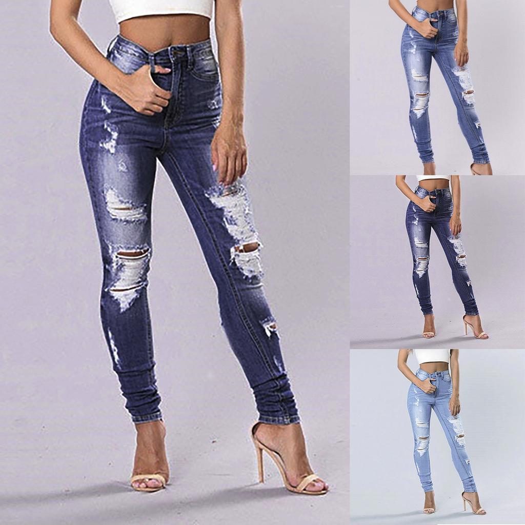 Women Fashion  Jeans Fix Sexy Print Ripped Jeans Plus Size Trousers
