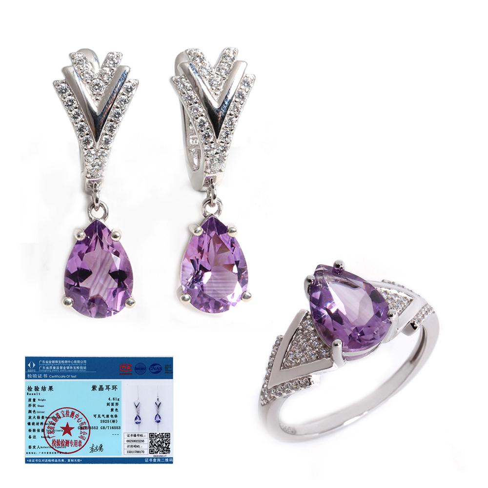 Великолепный февральский камень, натуральный аметист, комплект из серег и колец из серебра 925 пробы, легкие роскошные женские украшения
