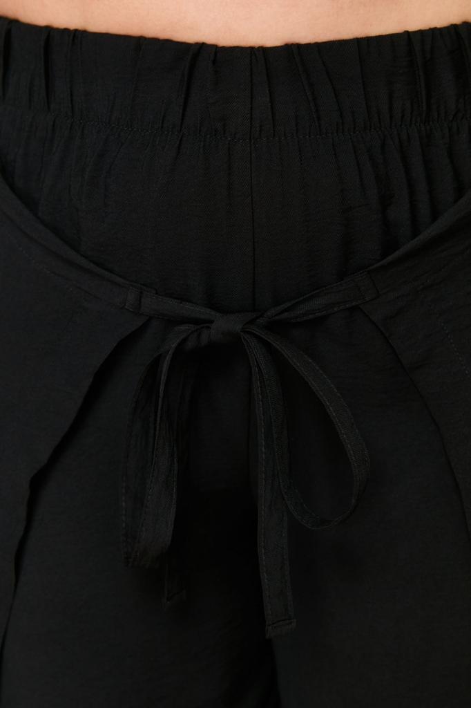 Women's Style Plus Size Pants Black Wrap Closure Detailed Beach Textile Woven Trousers