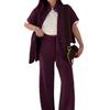 Women's Two Piece Outfit Casual Full Zip-up Short Sleeve Shirt And Wide Leg Pants Set Casual Lounge Tracksuit