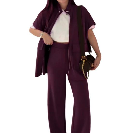 Women's Two Piece Outfit Casual Full Zip-up Short Sleeve Shirt And Wide Leg Pants Set Casual Lounge Tracksuit