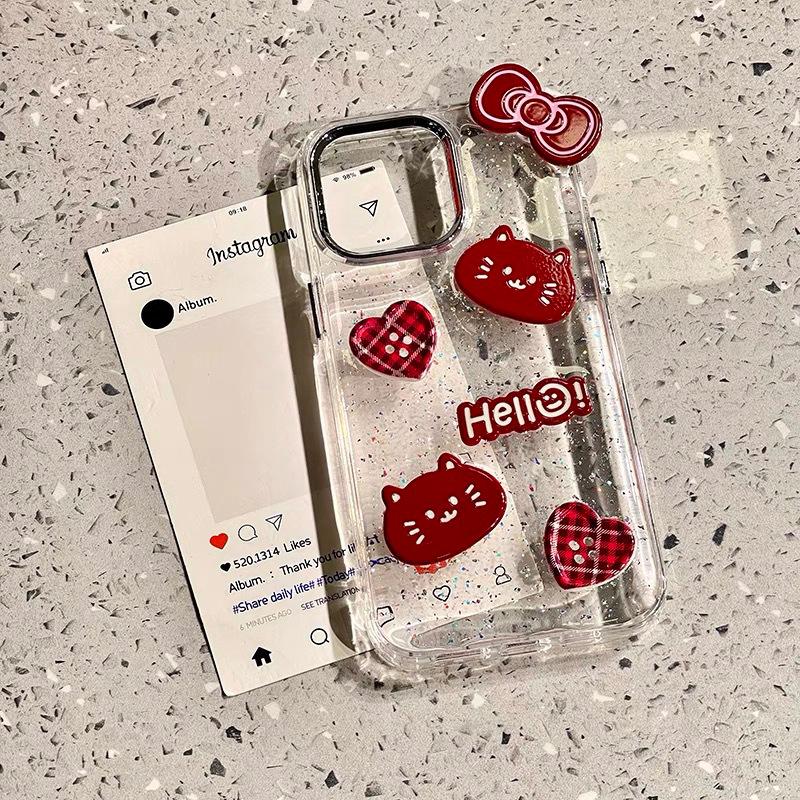Прозрачный чехол для мобильного телефона Apple 17Promax Iphone15 с бантом Kt и рисунком 'Кошачья любовь'.