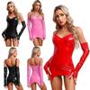 Womens Glossy Patent Leather Bodycon Dress Adjustable Straps Back Zipper Mini Dress with Sleeves Sexy Clubwear
