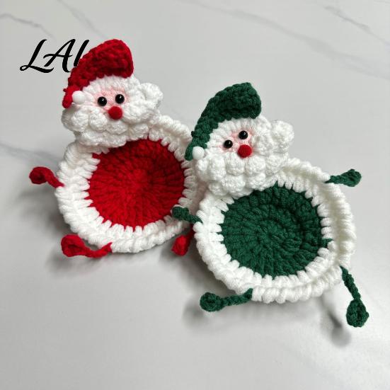 Cute Animal Shape Cup Mats Creative Handmade Crochet Santa Coaster for Christmas Table Decoration Soft Knit Decorative Yarn Drink Trays 3D