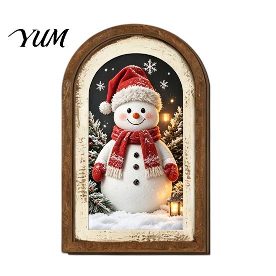 Glowing Christmas House Pictures Vintage Arched Wooden Wall Art, Double Layer Wood Framed Sign, Farmhouse Tree Decorations Xmas Print Hanging