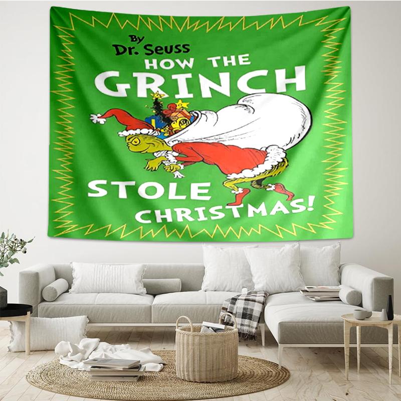 Grinch Print Tapestry, Backdrop, Easy Setup, Ideal for Bedroom, Office & Living Room, with Aesthetic Wall Hanging Decor.