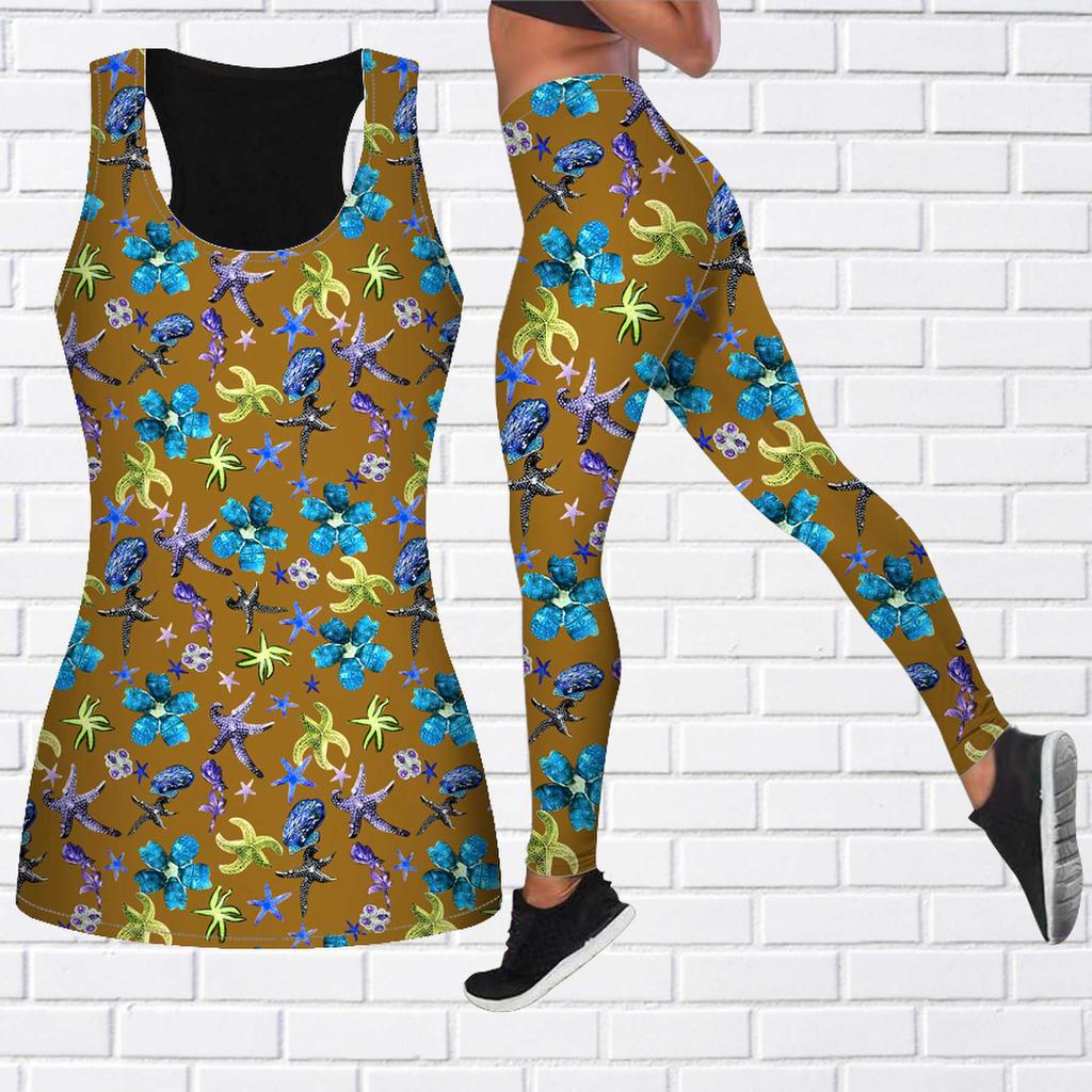 Фиолетовый наряд для йоги с принтом морской звезды для женщин, модные леггинсы для тренировок, спортивные повседневные штаны для фитнеса и йоги