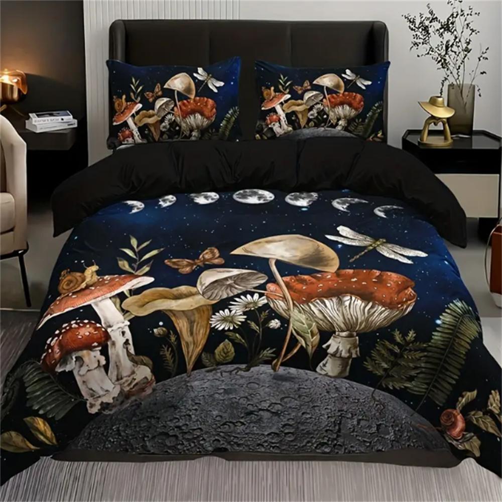 3-Piece Queen Size Red Mushroom Print Duvet Cover Set - Soft, Breathable, and Comfortable Polyester Bedding with Abstract