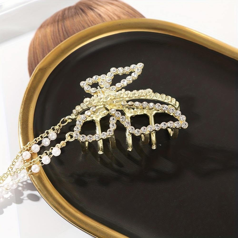 5.5cm Rhinestone Hollow Butterfly Pearl Tassel Hair Grab
