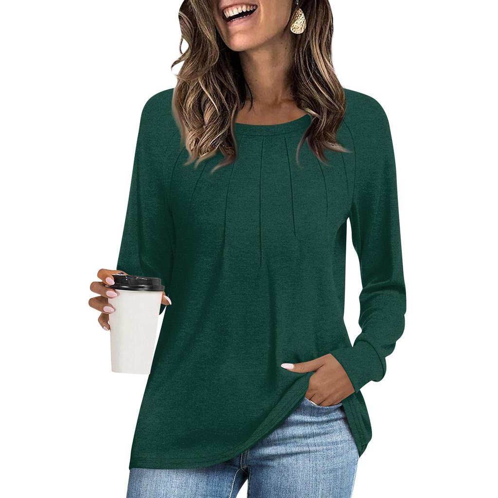 Женская модная повседневная плиссированная футболка с круглым вырезом и длинным рукавом, однотонная футболка, удобный топ