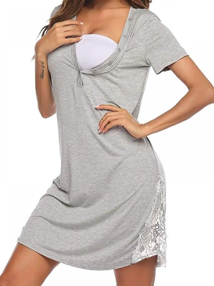 Ночная рубашка для кормящих женщин, платье для беременных, ночная рубашка для сна, v-образный вырез, воротник на пуговицах, ночная рубашка, кружевной подол, одежда для сна для кормления грудью, больничное платье