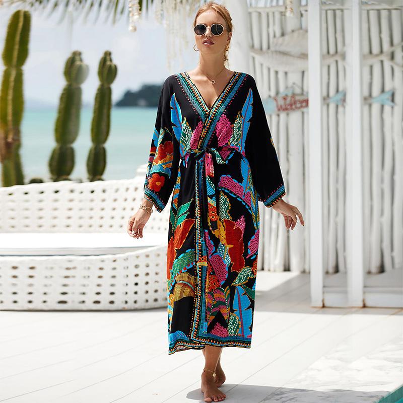 Женское бикини кимоно кардиганы с принтом длинные накидки для купальника для купальных костюмов больших размеров домашняя одежда с самопоясом EMA