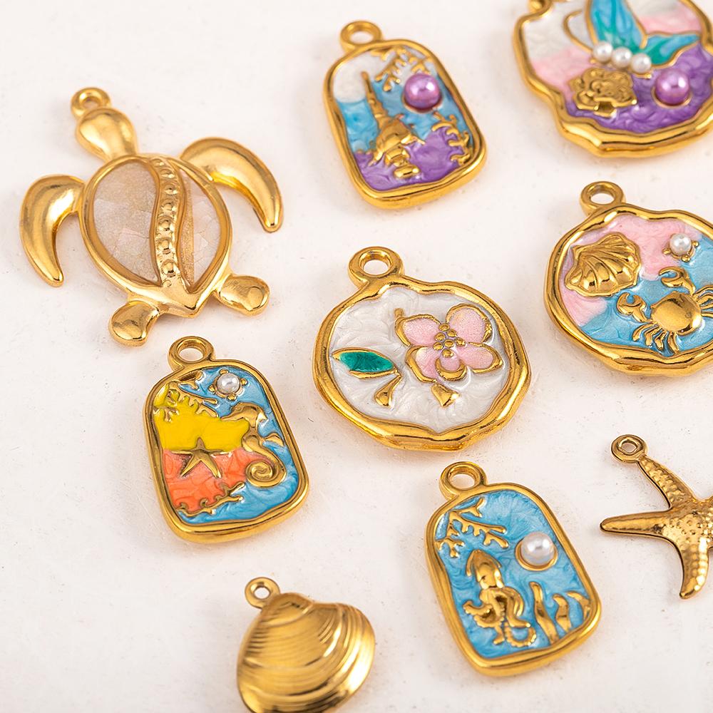 2pcs Stainless Steel Retro Ocean Turtle Octopus Crab Shell Star Pendant Necklace Earring Flower Charm Jewelry Making Craft Gift