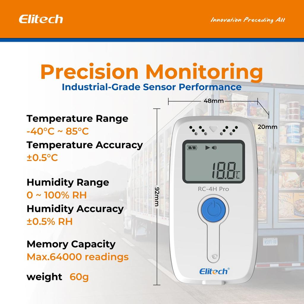 Мини-логгер температуры и влажности Elitech RC-4H Pro: USB-подключение, емкость записи 64 000 точек данных, с функцией сигнализации, подходит для