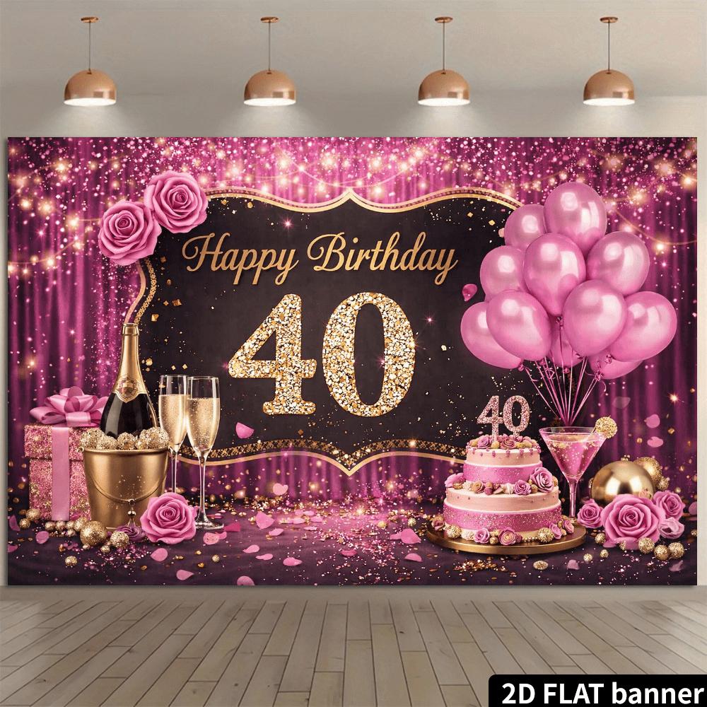 2D plane 40th birthday party backdrop - Pink and gold theme, for celebrating 40th birthday, made of polyester material