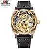 TEVISE Square Luxury Retro Mechanical Watch for Men Hollow Skeleton Self-Wind Carved Automatic Watches Vintage Leather Strap Wristwatch