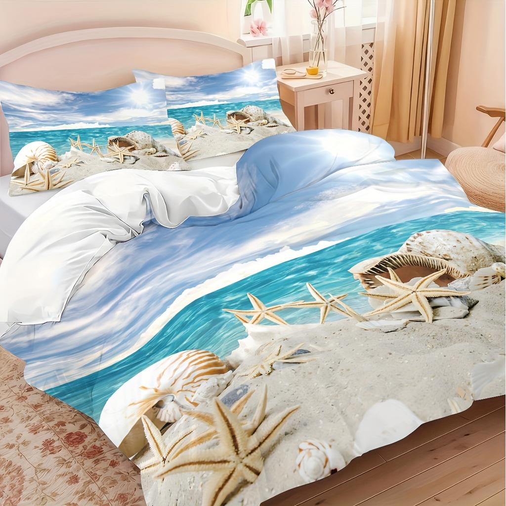 3pcs (1 Quilt Cover + 2 Pillowcases, Core Not Included) Bedding Set with 3D Beach Starfish And Conch Digital Print