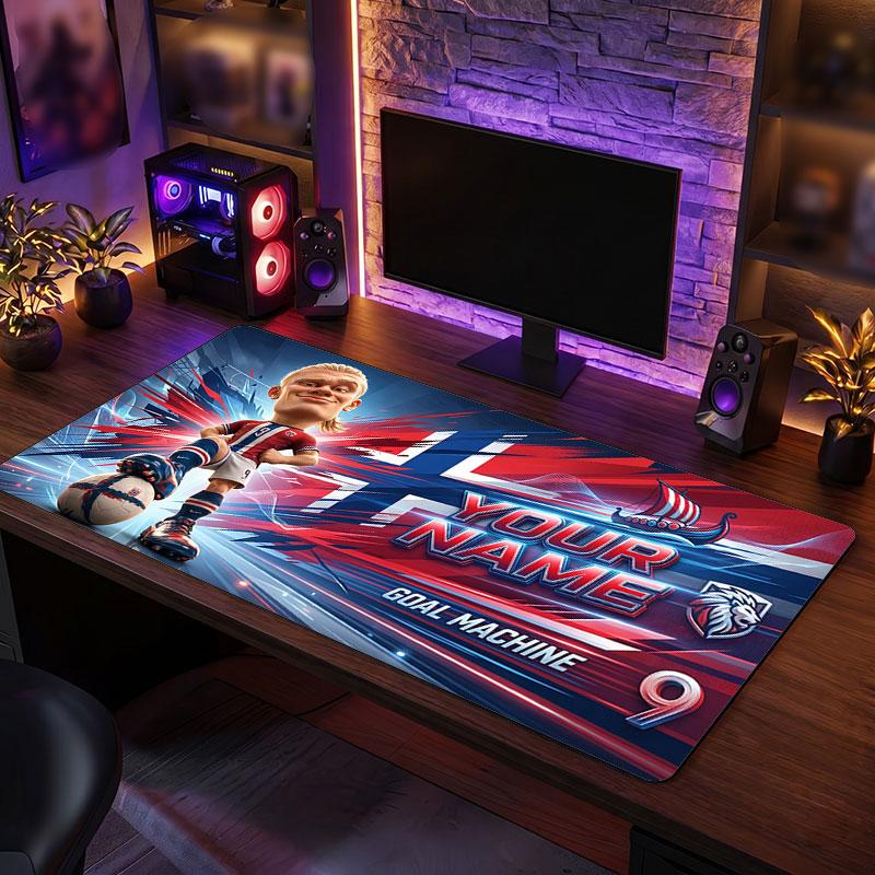 Erling Haaland Custom Large Mouse Pad, Personalized Name Text Print, Football Logo Non‑Slip Desk Mat Gaming Gift