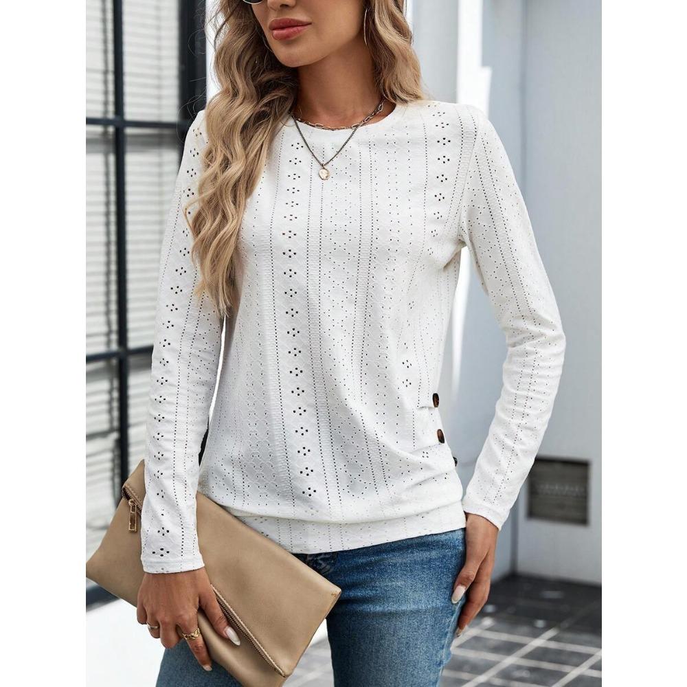 Футболка с круглым вырезом, длинными рукавами и декоративными пуговицами, модная и универсальная, повседневная для работы.