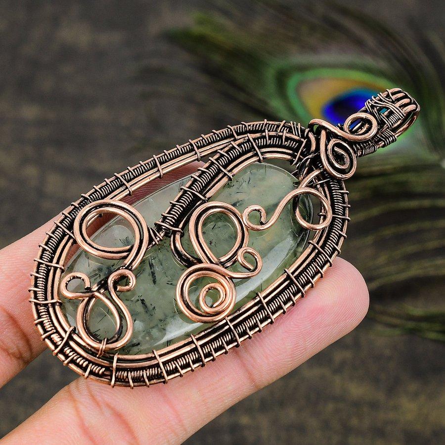 Prehnite Gemstone Copper Wire Wrap Jewelry Pendant 3.47