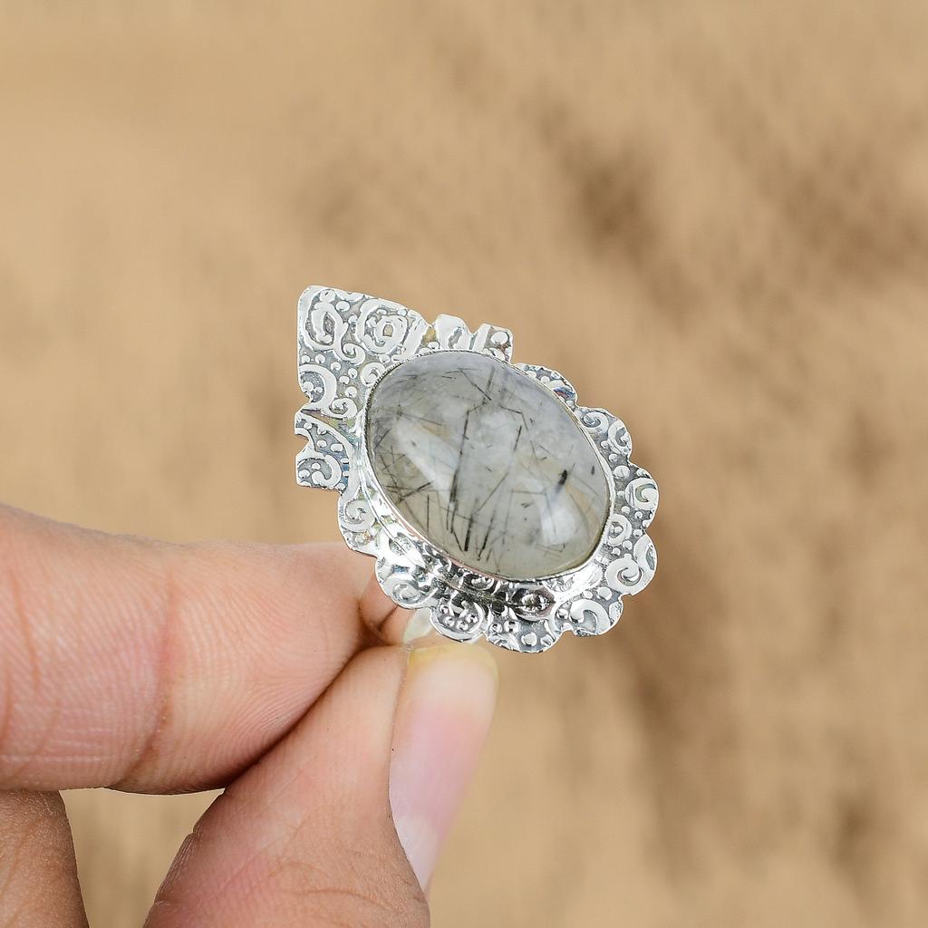 925 Sterling Silver Black Rutile Gemstone Boho Promise Wedding New Ring Jewelry