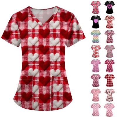 Женские модные топы с короткими рукавами и V-образным вырезом с принтом, рабочие футболки с карманами