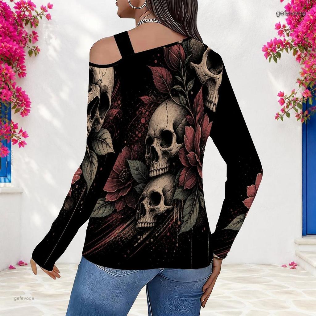 Women Plus Size Asymmetric Cutout Neck Cold Shoulder Long Sleeve Skull Floral Printed Black Fitted Shirt