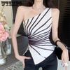Y2K Sleeveless Irregular Tank Top Women Skinny Striped Design Corset Stretchy Tube Streetwear One Shoulder Tanks