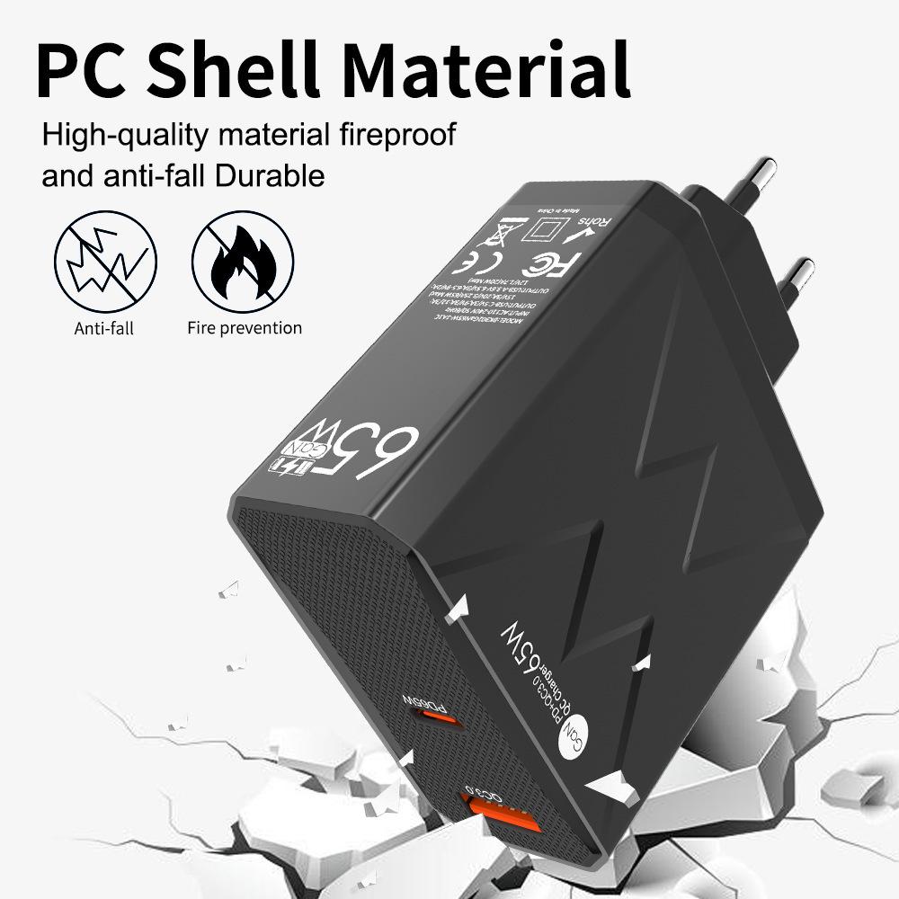 Универсальное зарядное устройство PD65W - Сертифицировано CE, ROHS, FCC, С портами Type-C QC3.0, Поддерживает австралийские, британские, европейские и американские стандарты, Порт A+C.