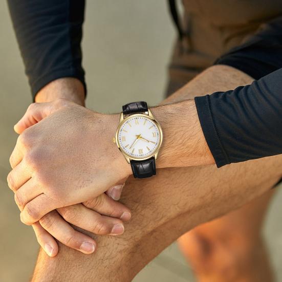 Men Business Watch Round Dial Faux Leather Strap Quartz Movement Teens Adults Formal Dress Wristwatch Fashion Jewelry Accessory