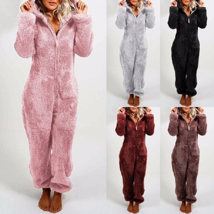 Women Warm Furry Pajamas Plush Fleece Zipper One-Piece Pajamas Soft and Comfortable Hooded Cute Bear Lounge Wear Women Onesies Home Night Sleepwear