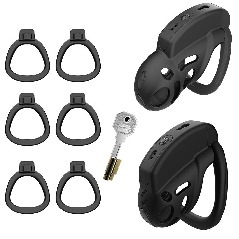 Black Electric Shock Vibrating Chastity Cage with 6 Rings Remote Control Penis CB Lock BDSM Training Abstinence Bondage Sex Toys