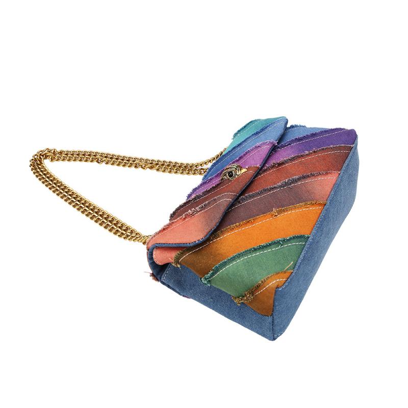 Women's Colorful Denim Tote Bag Rainbow Patchwork Eagle Head Magnetic Closure Shoulder Bag Medium PU Material 27*9*17cm