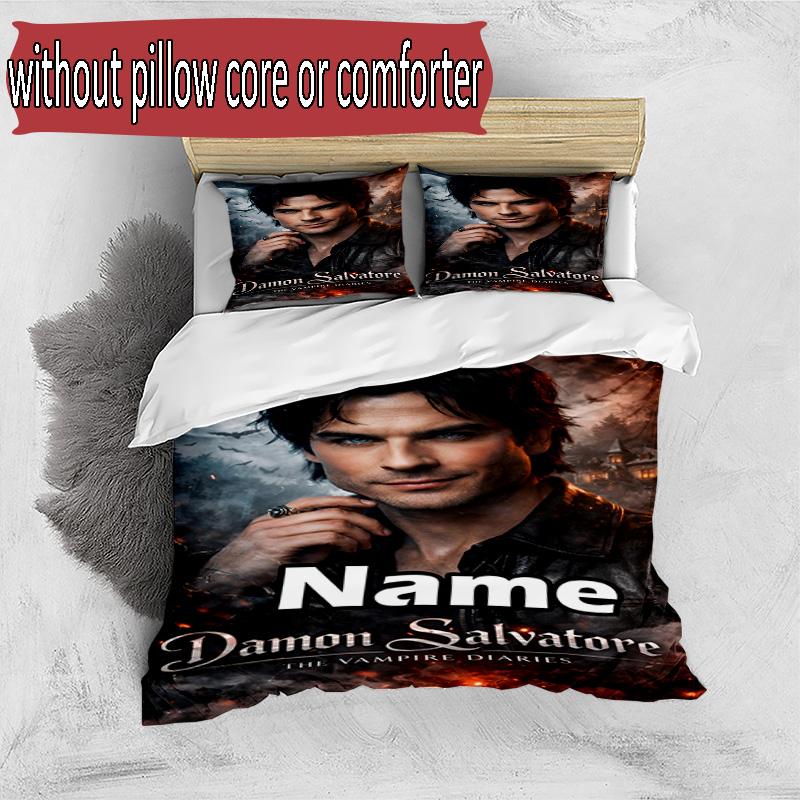 3pcs Duvet Cover Set (1*Duvet Cover + 2*Pillowcase, Without Core), Custom Name Damon Salvatore Pattern Bedding Set, Home Bedroom Decor Gift